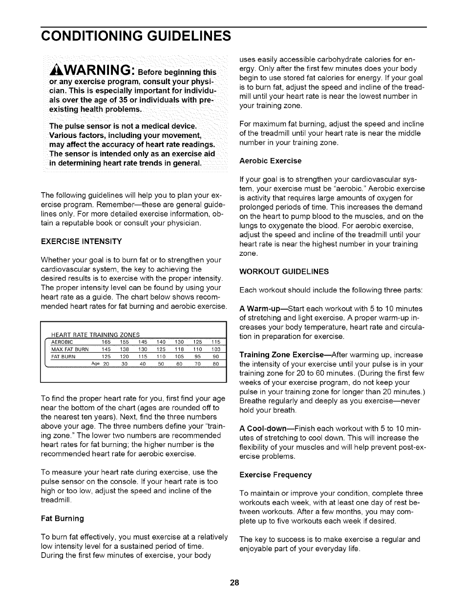 Awarning ' before beginning this, Exercise intensity, Fat burning | Aerobic exercise, Workout guidelines, Exercise frequency, Conditioning guidelines awarning | NordicTrack NTTL17900 User Manual | Page 28 / 34