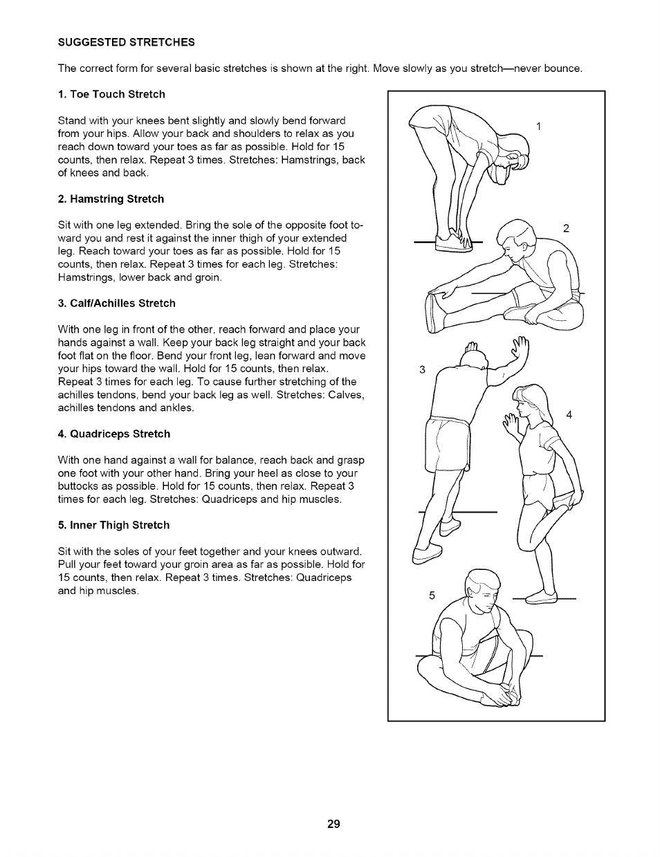 Suggested stretches, Toe touch stretch, Hamstring stretch | Calf/achilles stretch, Quadriceps stretch, Inner thigh stretch | NordicTrack NTTL17900 User Manual | Page 29 / 34
