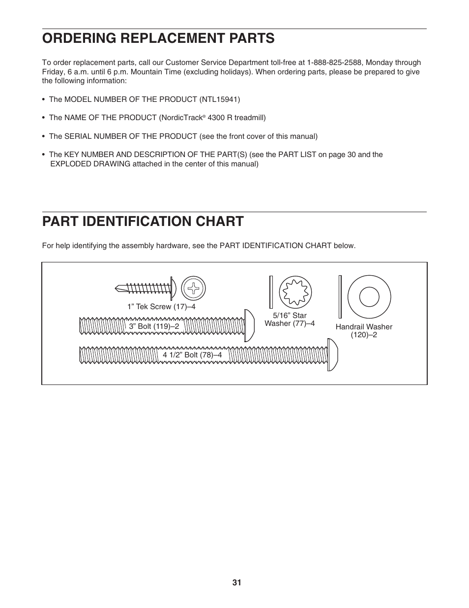 Ordering replacement parts, Part identification chart | NordicTrack 4300 R NTL15941 User Manual | Page 31 / 34