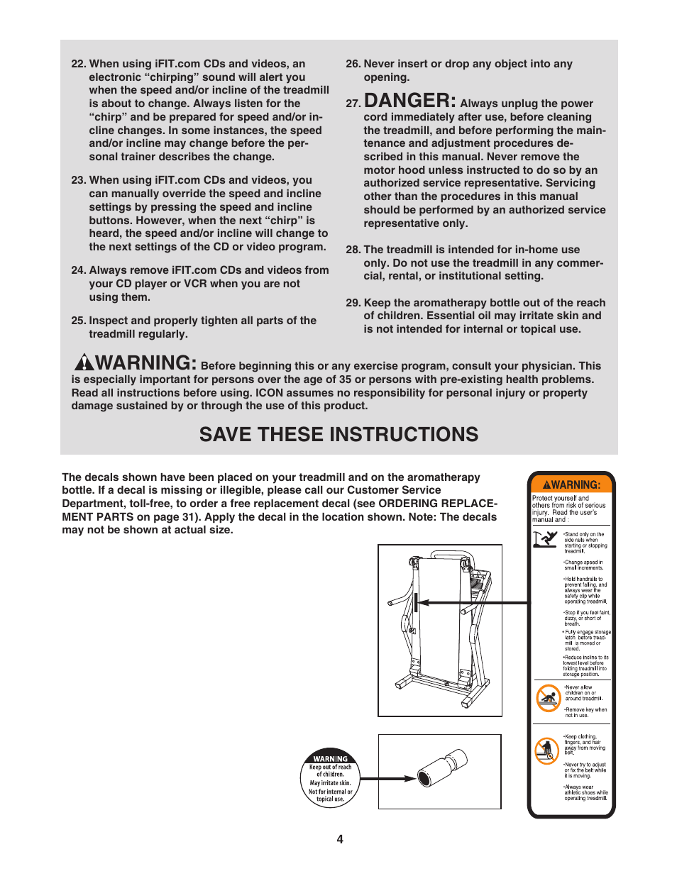 Danger, Warning, Save these instructions | NordicTrack 4300 R NTL15941 User Manual | Page 4 / 34