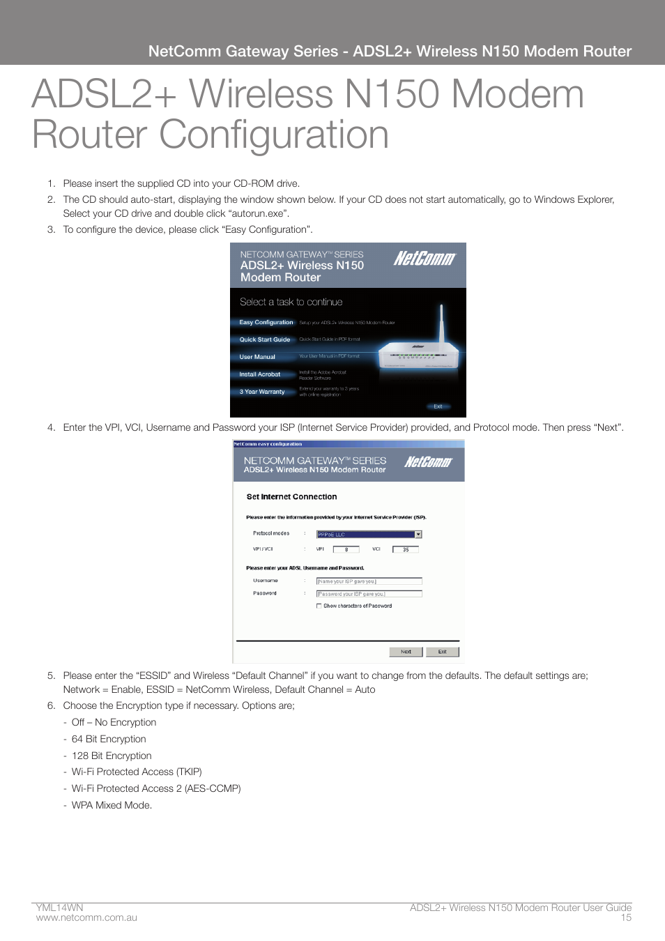 Adsl2+ wireless n150 modem router configuration | NordicTrack N150 User Manual | Page 15 / 61