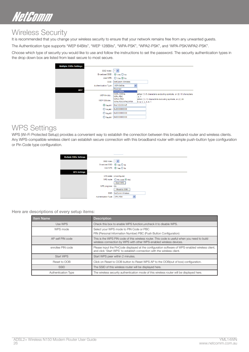 Wireless security, Wps settings | NordicTrack N150 User Manual | Page 26 / 61