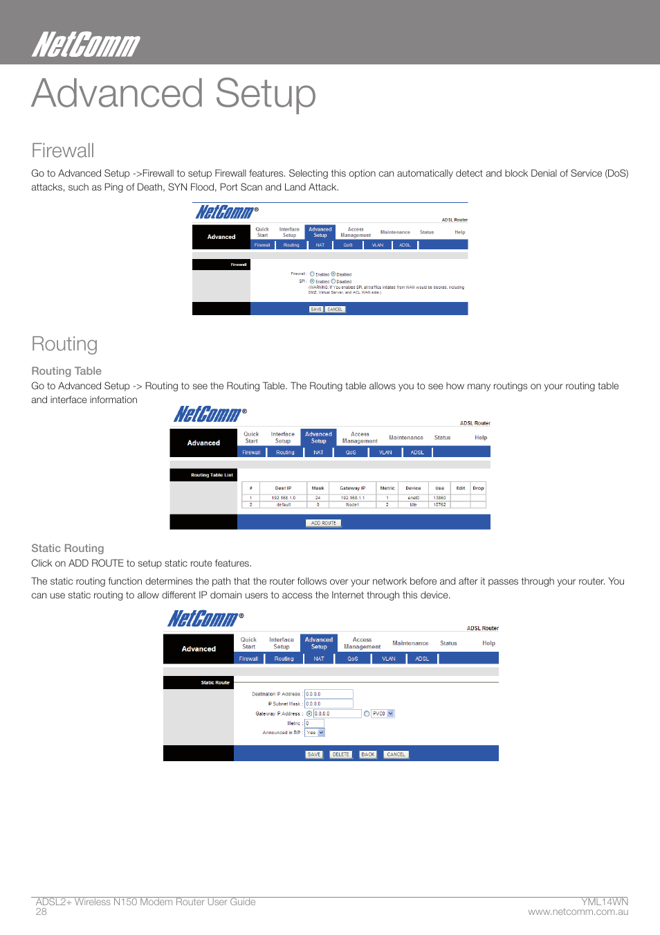 Advanced setup, Firewall, Routing | NordicTrack N150 User Manual | Page 28 / 61