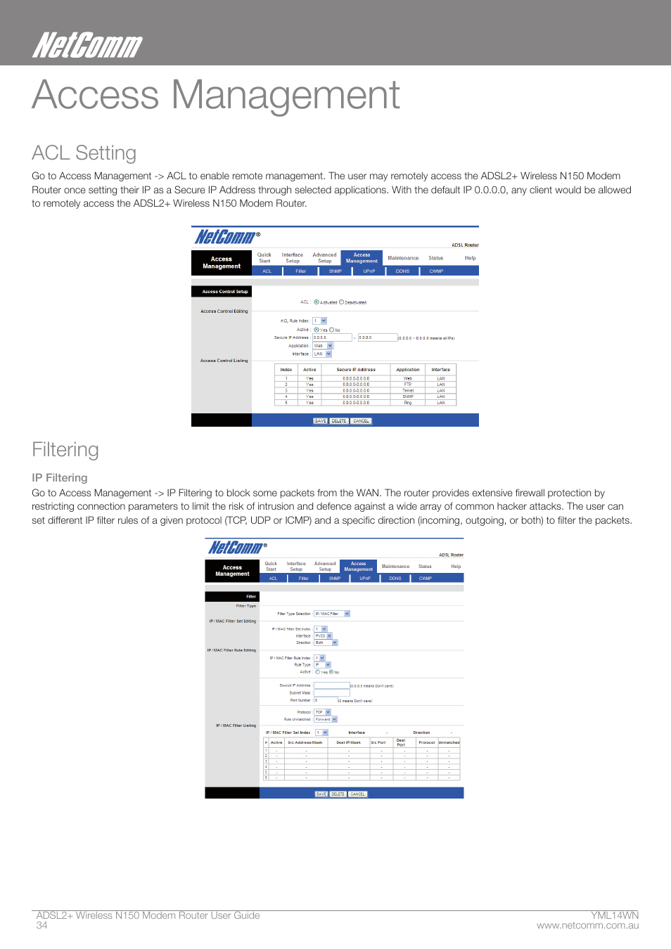 Access management, Acl setting, Filtering | NordicTrack N150 User Manual | Page 34 / 61