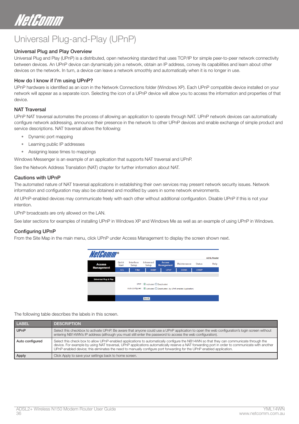 Universal plug-and-play (upnp) | NordicTrack N150 User Manual | Page 36 / 61