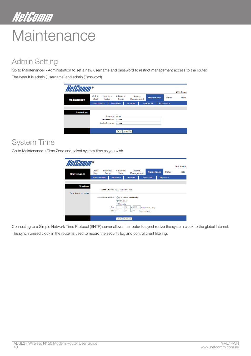 Maintenance, Admin setting, System time | NordicTrack N150 User Manual | Page 40 / 61