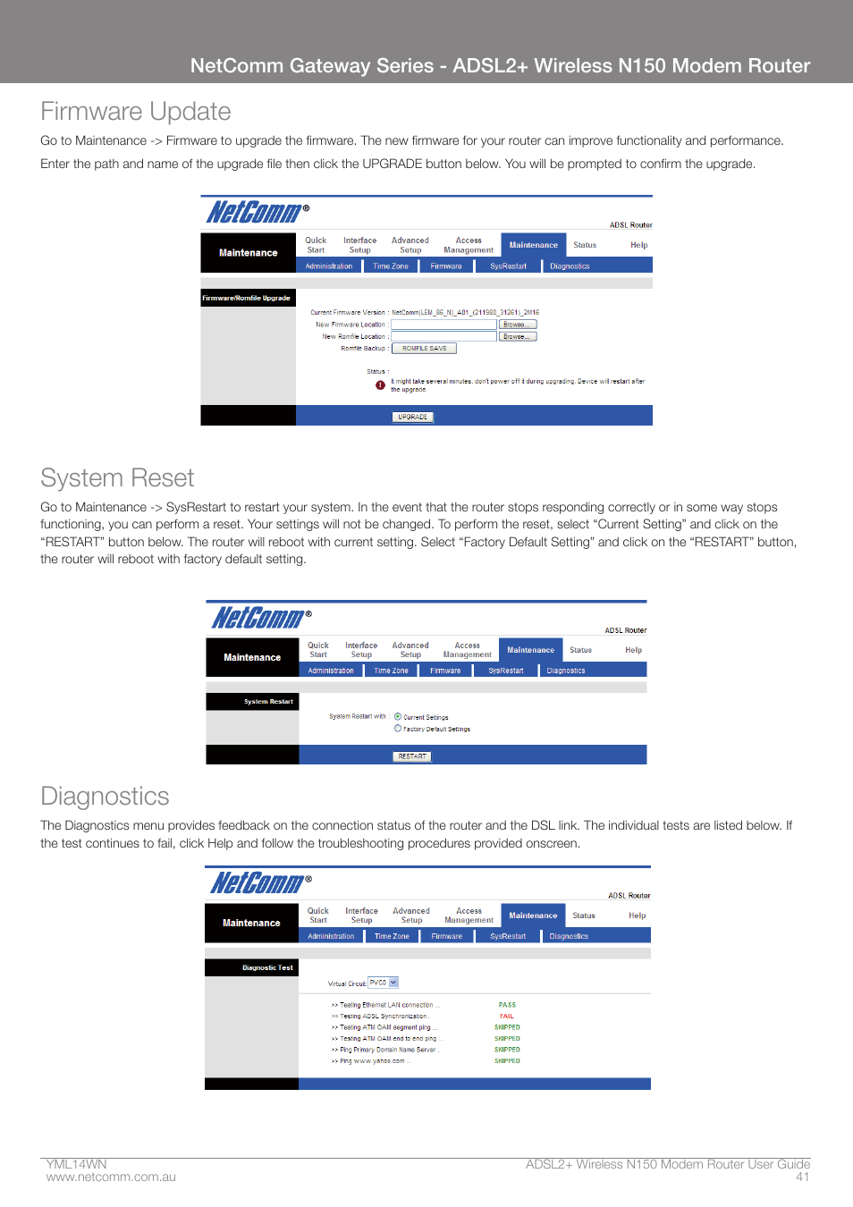 Firmware update, System reset, Diagnostics | NordicTrack N150 User Manual | Page 41 / 61