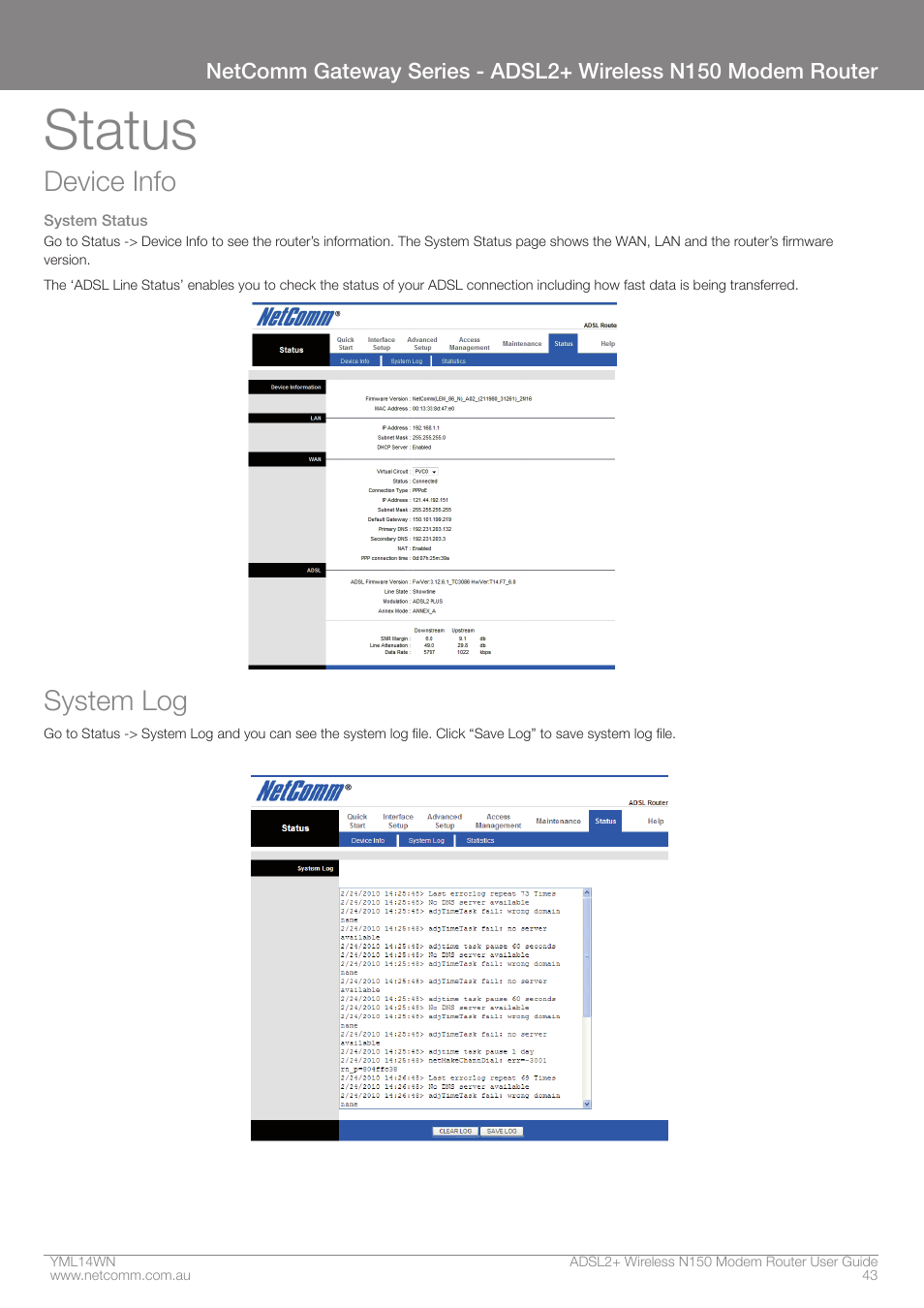 Status, Device info, System log | NordicTrack N150 User Manual | Page 43 / 61