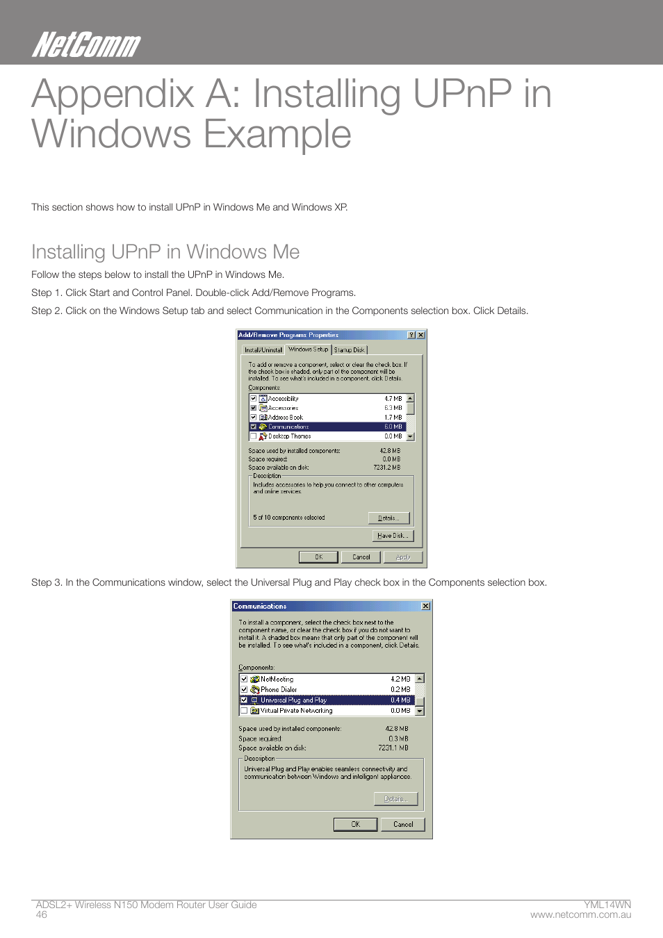 Appendix a: installing upnp in windows example, Installing upnp in windows me | NordicTrack N150 User Manual | Page 46 / 61