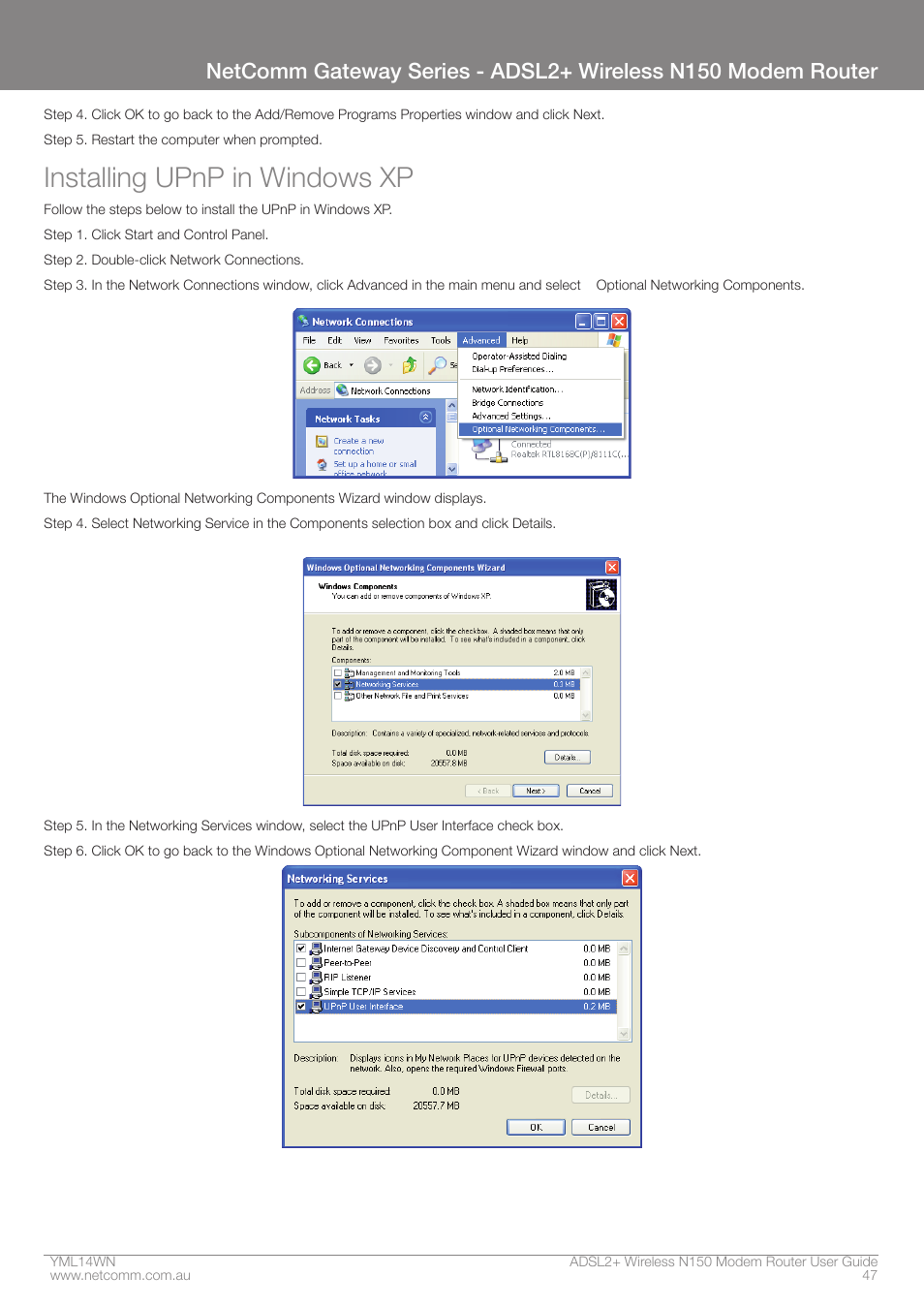 Installing upnp in windows xp | NordicTrack N150 User Manual | Page 47 / 61