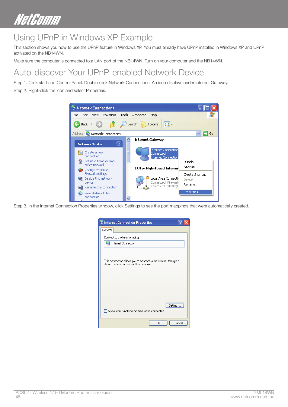 Using upnp in windows xp example, Auto-discover your upnp-enabled network device | NordicTrack N150 User Manual | Page 48 / 61