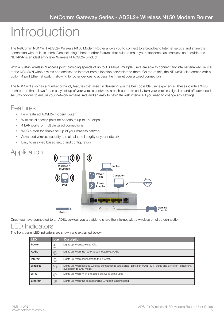 Introduction, Features, Application | Led indicators | NordicTrack N150 User Manual | Page 5 / 61