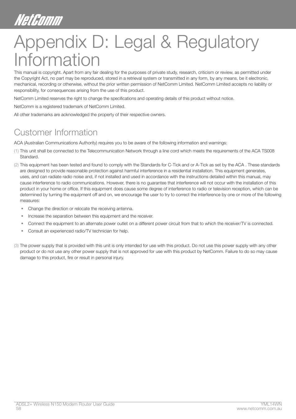 Appendix d: legal & regulatory information, Customer information | NordicTrack N150 User Manual | Page 58 / 61