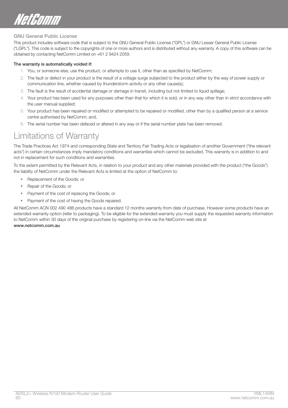 Limitations of warranty | NordicTrack N150 User Manual | Page 60 / 61