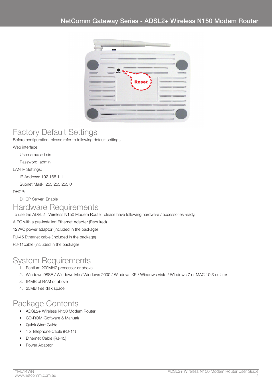 Factory default settings, Hardware requirements, System requirements | Package contents | NordicTrack N150 User Manual | Page 7 / 61