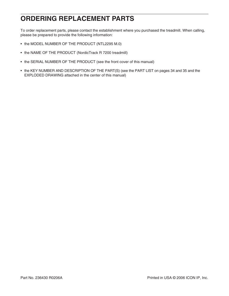 Ordering replacement parts | NordicTrack R 7200 treadmill NTL2295 M.0 User Manual | Page 38 / 38