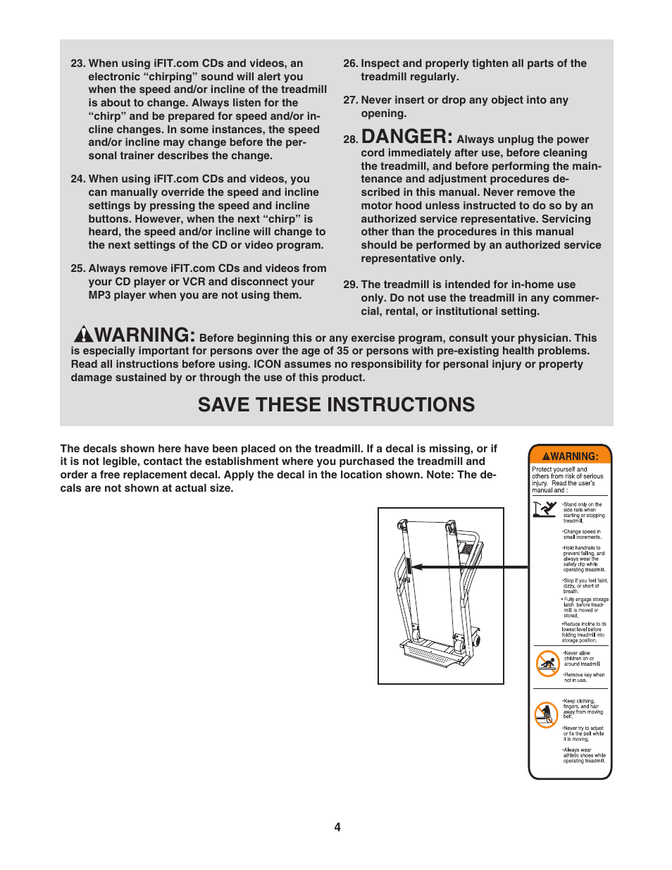 Danger, Warning, Save these instructions | NordicTrack R 7200 treadmill NTL2295 M.0 User Manual | Page 4 / 38