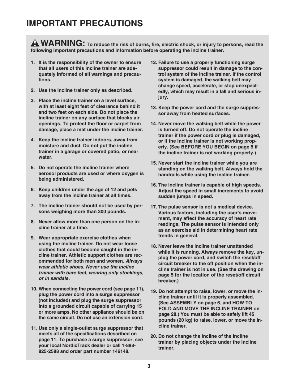Warning, Important precautions | NordicTrack Incline Trainer NTK14940 User Manual | Page 3 / 38