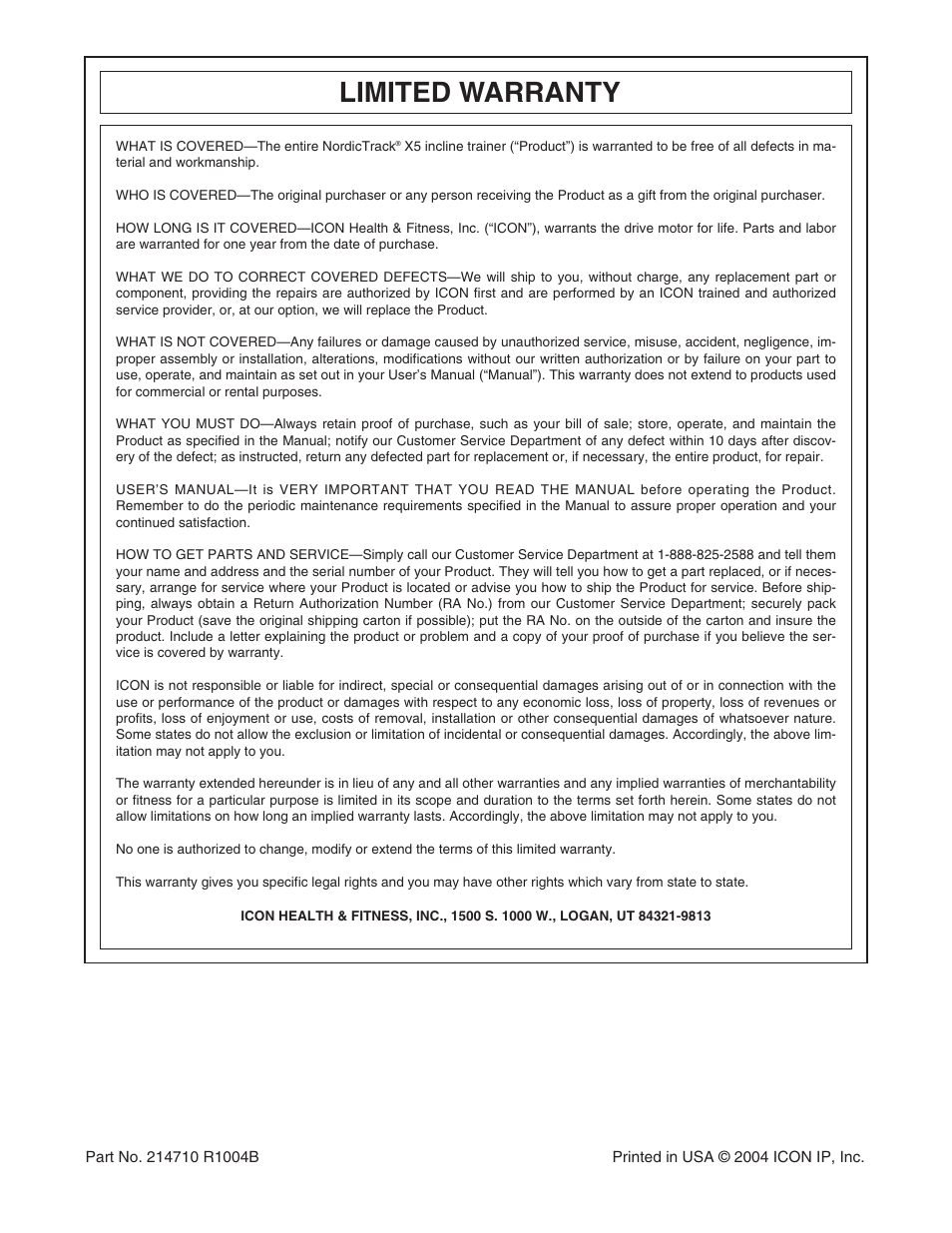 Limited warranty | NordicTrack Incline Trainer NTK14940 User Manual | Page 38 / 38