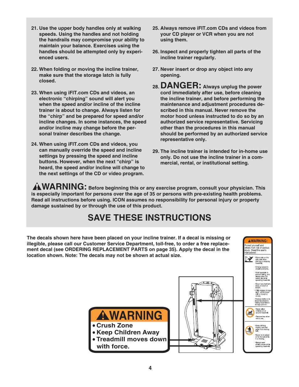 Danger, Warning, Save these instructions | NordicTrack Incline Trainer NTK14940 User Manual | Page 4 / 38