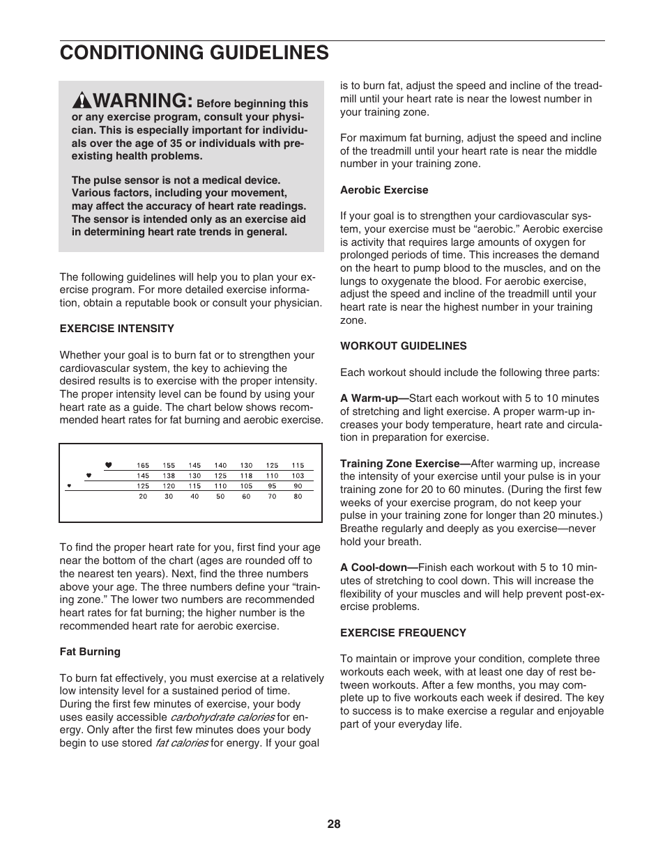 Conditioning guidelines, Warning | NordicTrack C2200 30600.0 User Manual | Page 28 / 34