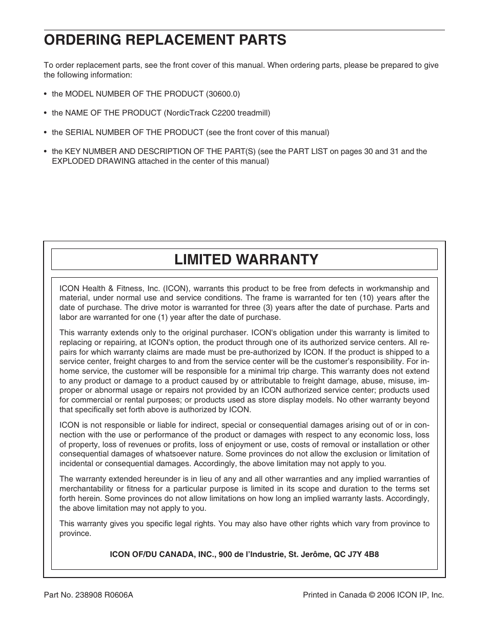 Limited warranty, Ordering replacement parts | NordicTrack C2200 30600.0 User Manual | Page 34 / 34