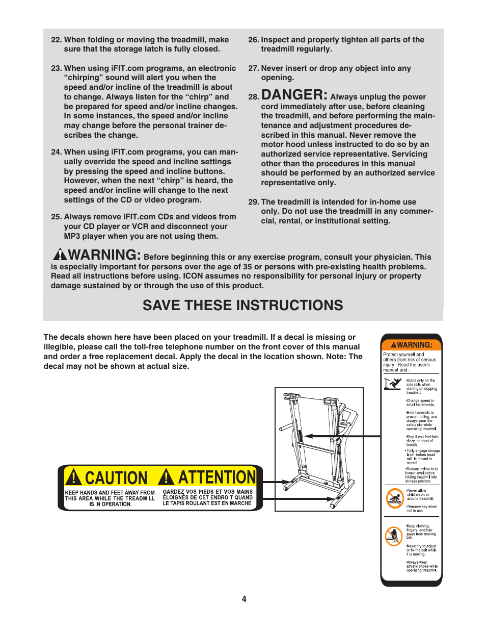 Danger, Warning, Save these instructions | NordicTrack C2200 30600.0 User Manual | Page 4 / 34