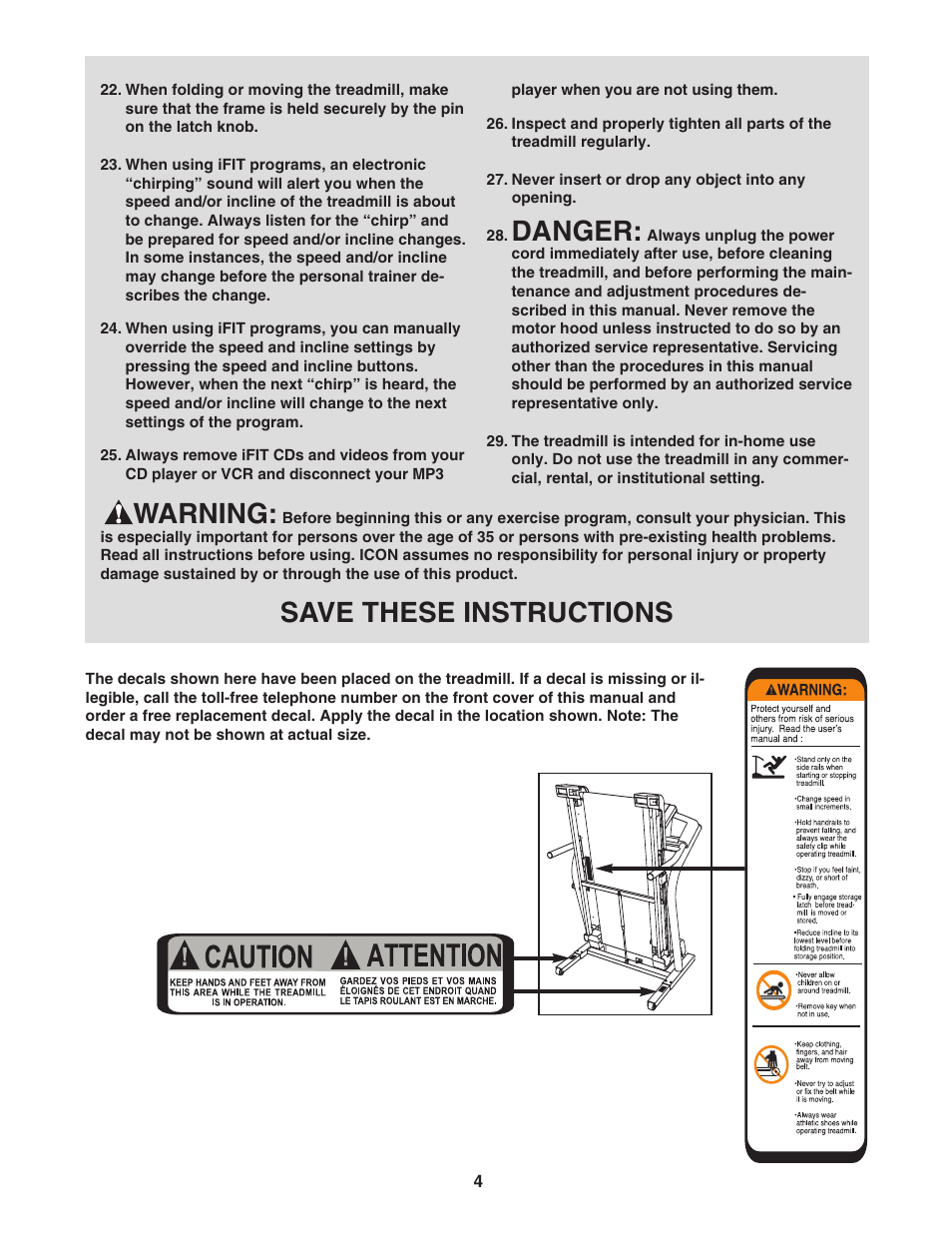 Danger, Warning, Save these instructions | NordicTrack C2300 30601.0 User Manual | Page 4 / 38