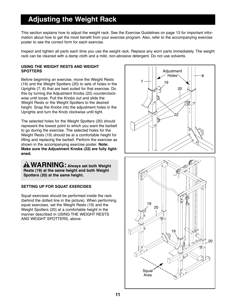 Warning, Adjusting the weight rack | NordicTrack NTBE06901 User Manual | Page 11 / 19