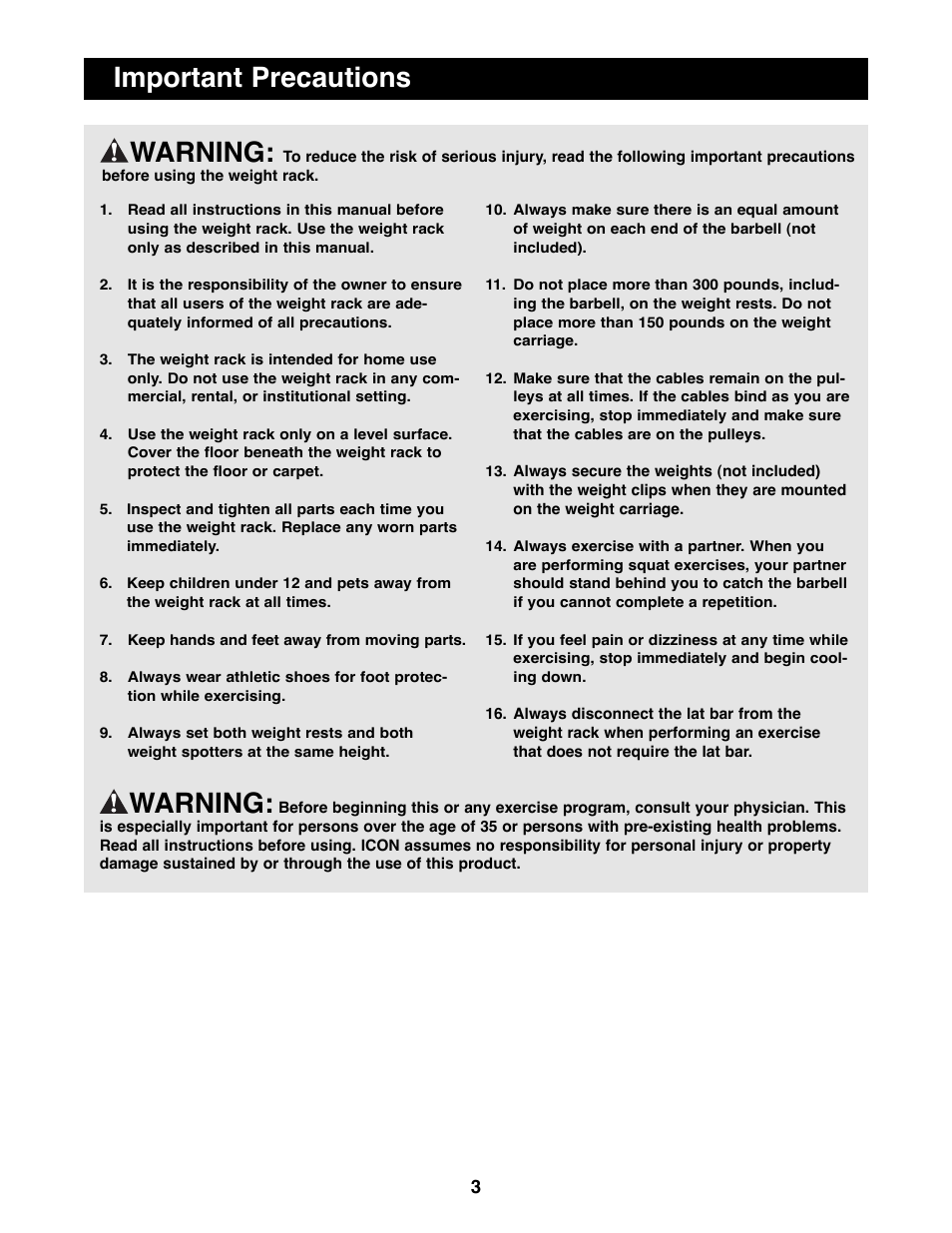 Important precautions warning, Warning | NordicTrack NTBE06901 User Manual | Page 3 / 19