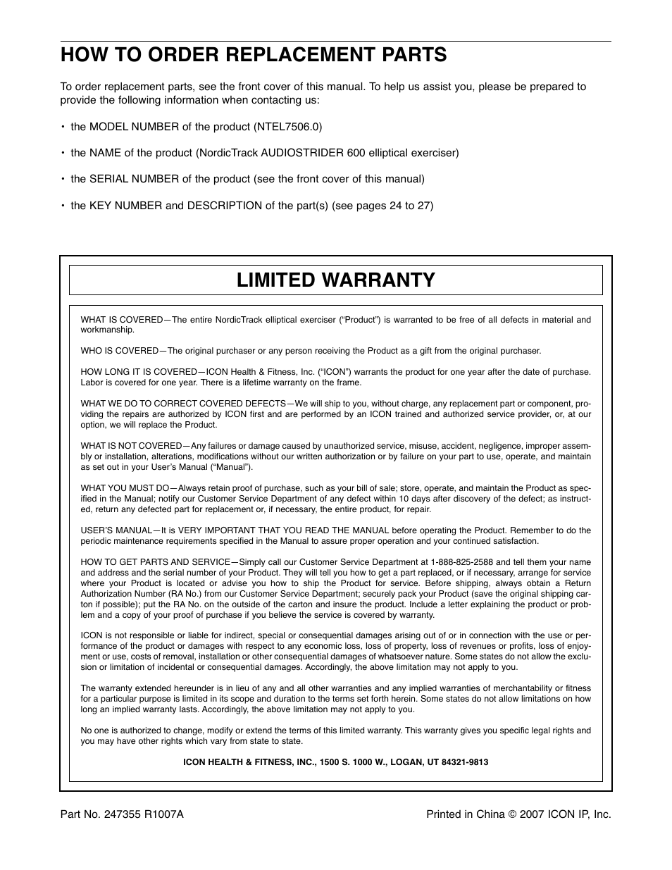 How to order replacement parts, Limited warranty | NordicTrack NTEL7506.0 User Manual | Page 28 / 28