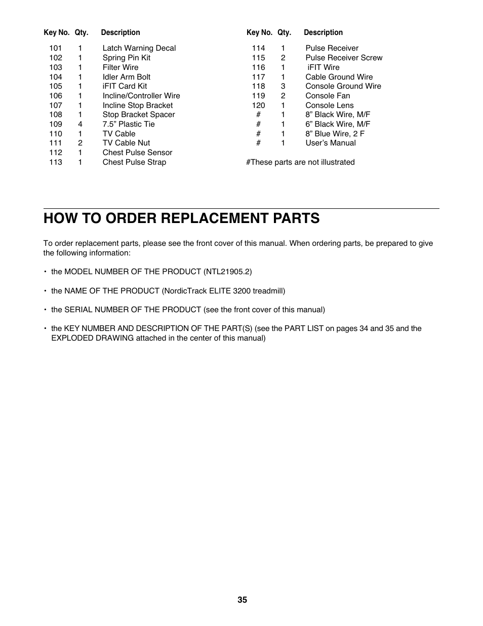 How to order replacement parts | NordicTrack NTL21905.2 User Manual | Page 35 / 38