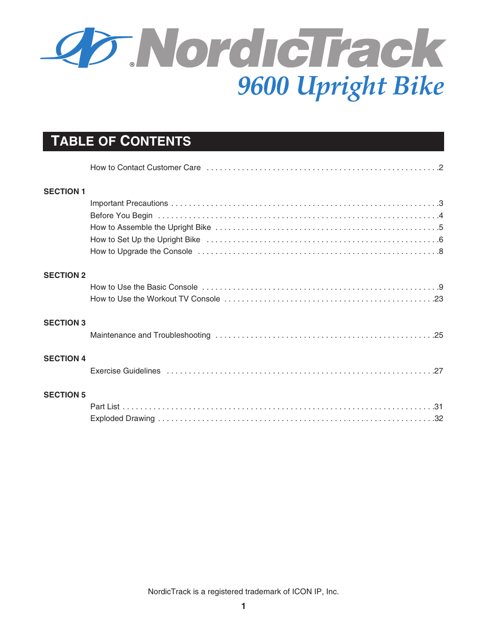 Able of, Ontents | NordicTrack 9600 User Manual | Page 2 / 35