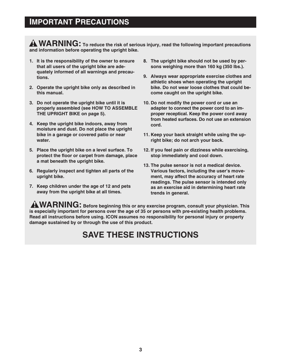 Warning, Save these instructions, Mportant | Recautions | NordicTrack 9600 User Manual | Page 4 / 35
