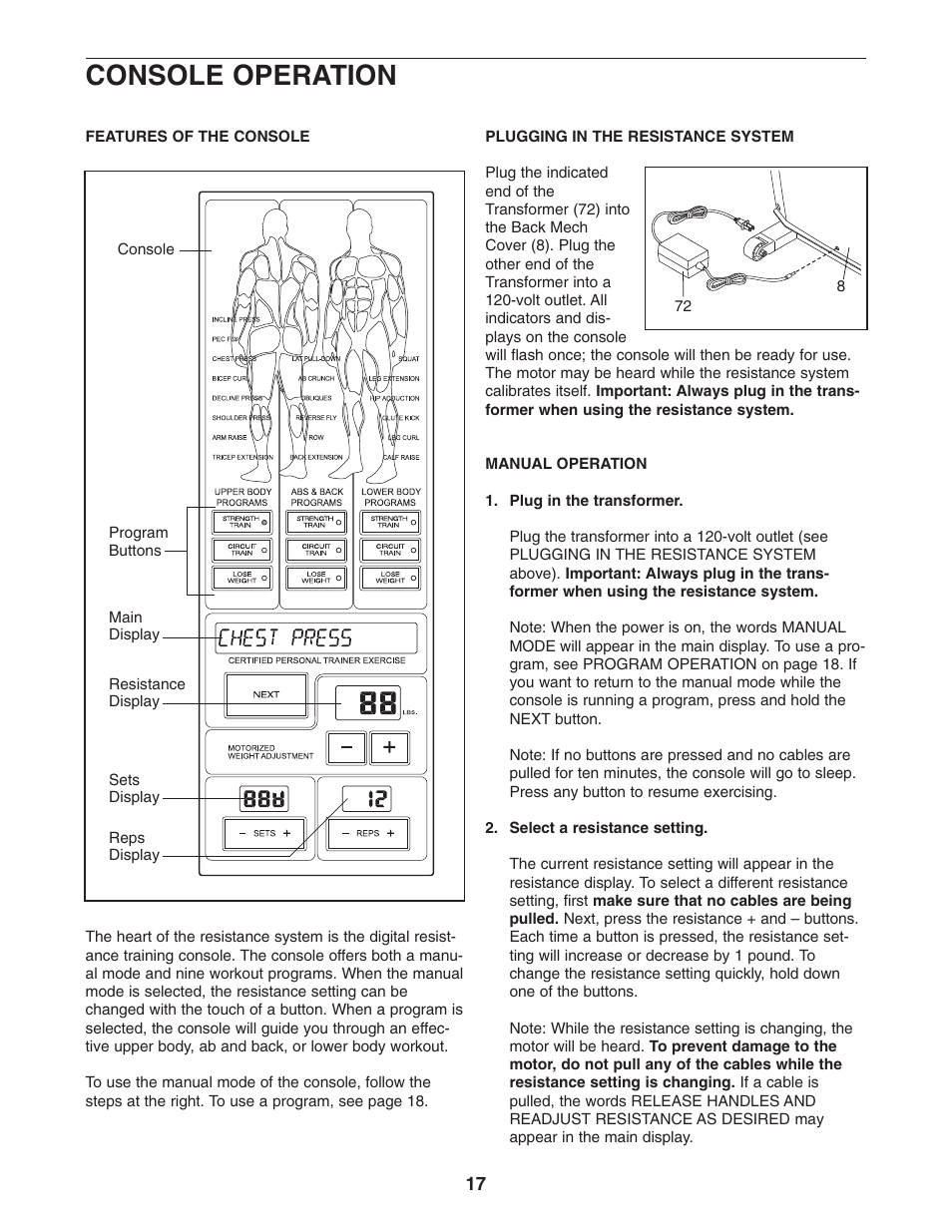 Console operation | NordicTrack FUTURA NTS78740 User Manual | Page 17 / 27