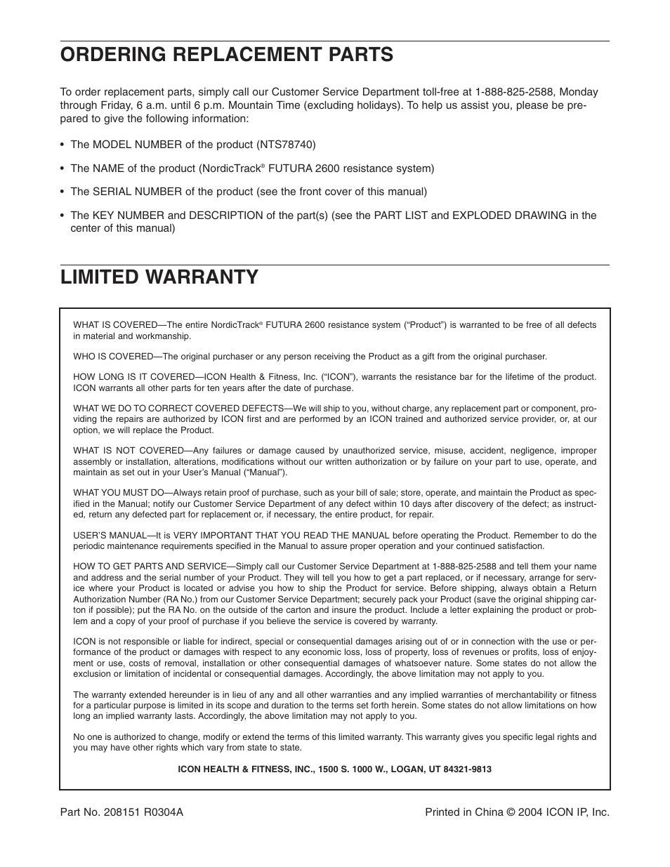 Ordering replacement parts limited warranty | NordicTrack FUTURA NTS78740 User Manual | Page 27 / 27