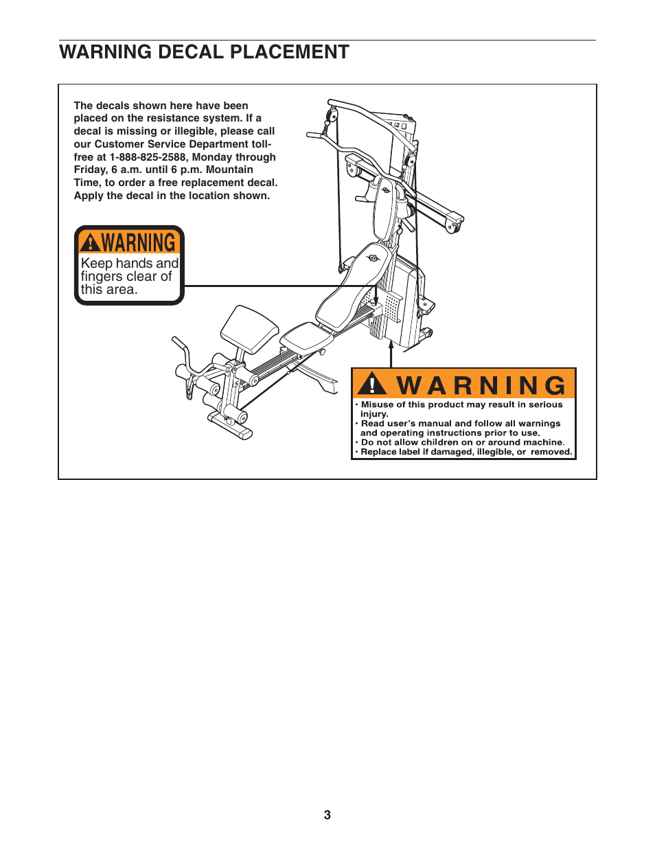 Warning decal placement | NordicTrack FUTURA NTS78740 User Manual | Page 3 / 27