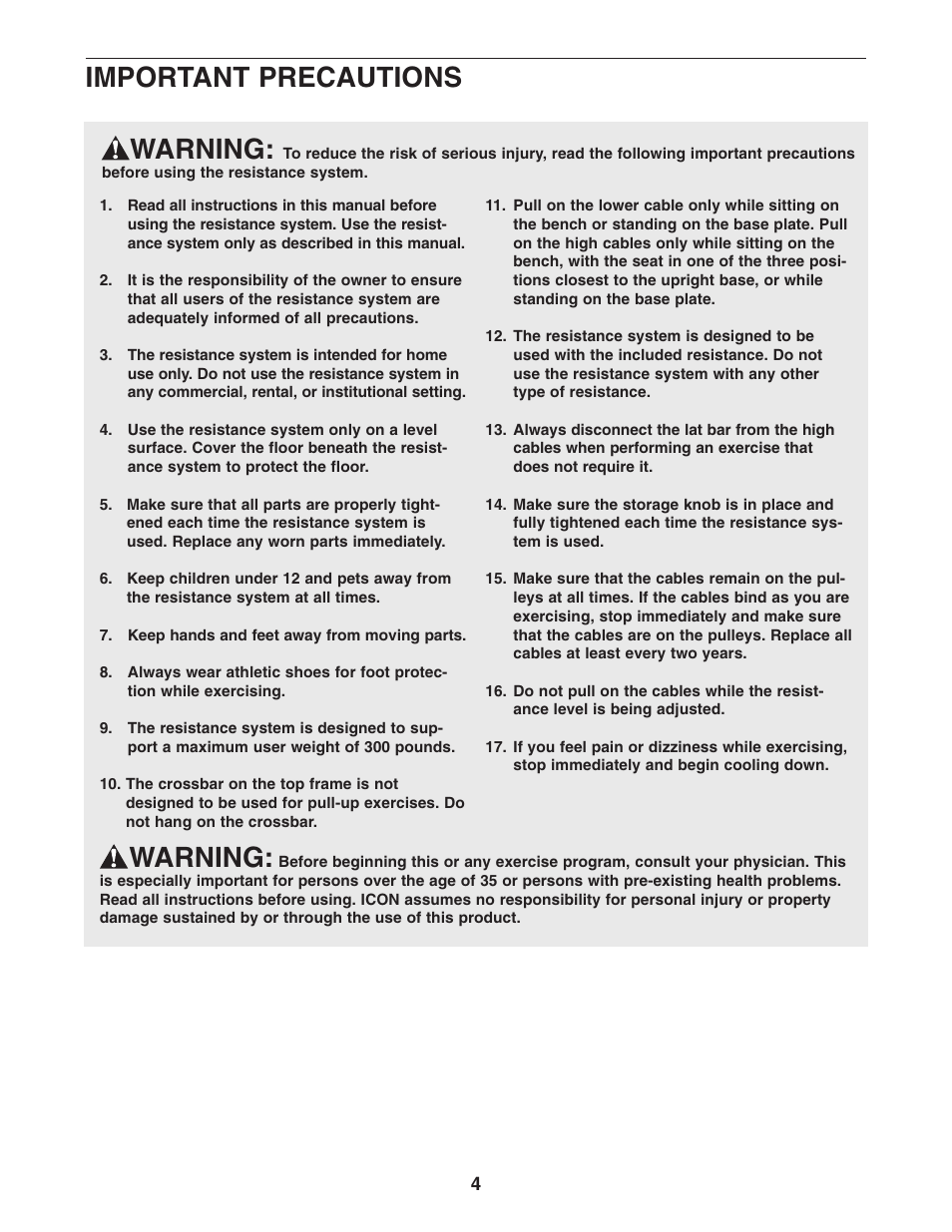 Warning, Important precautions | NordicTrack FUTURA NTS78740 User Manual | Page 4 / 27