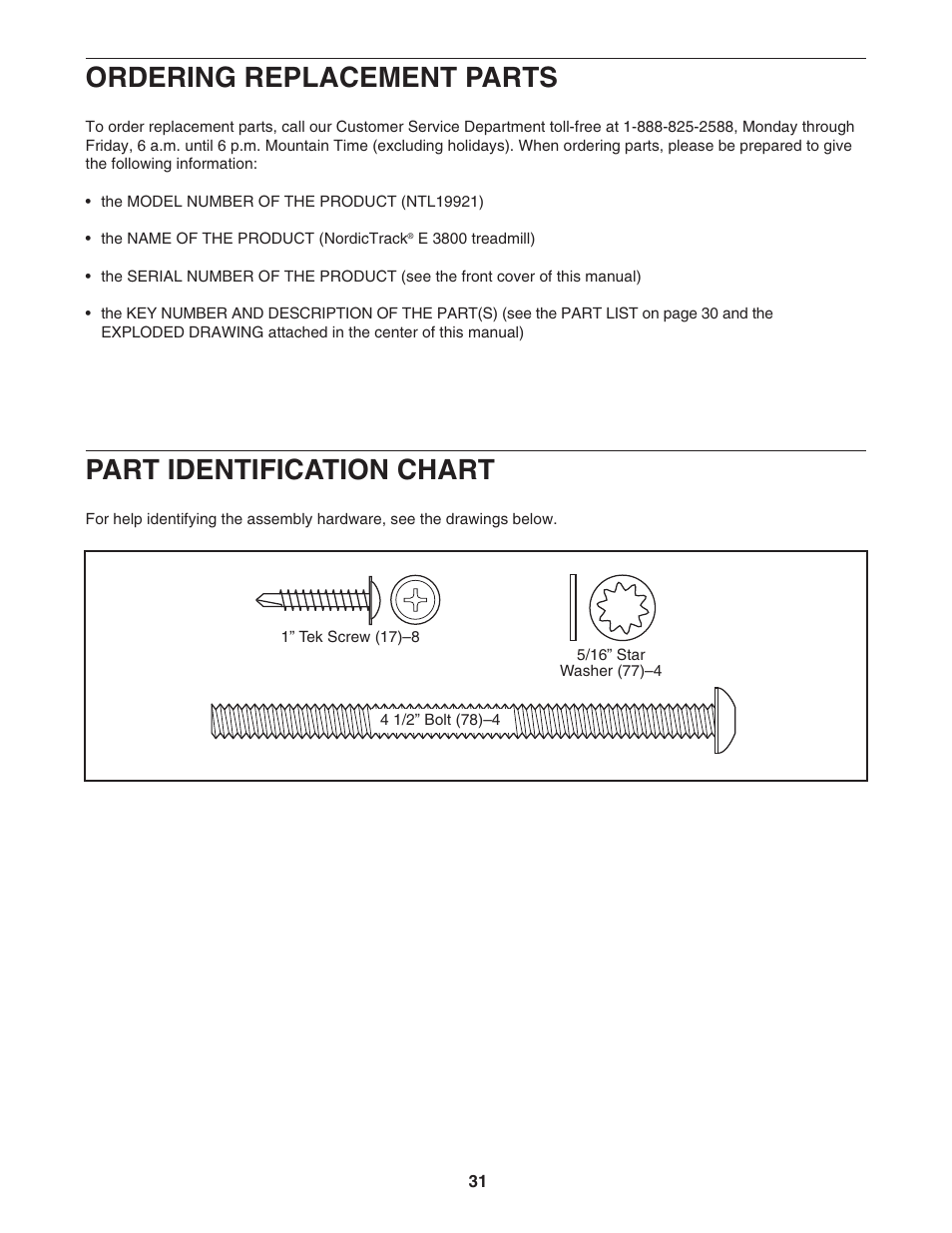 Ordering replacement parts, Part identification chart | NordicTrack NTL19921 User Manual | Page 31 / 34