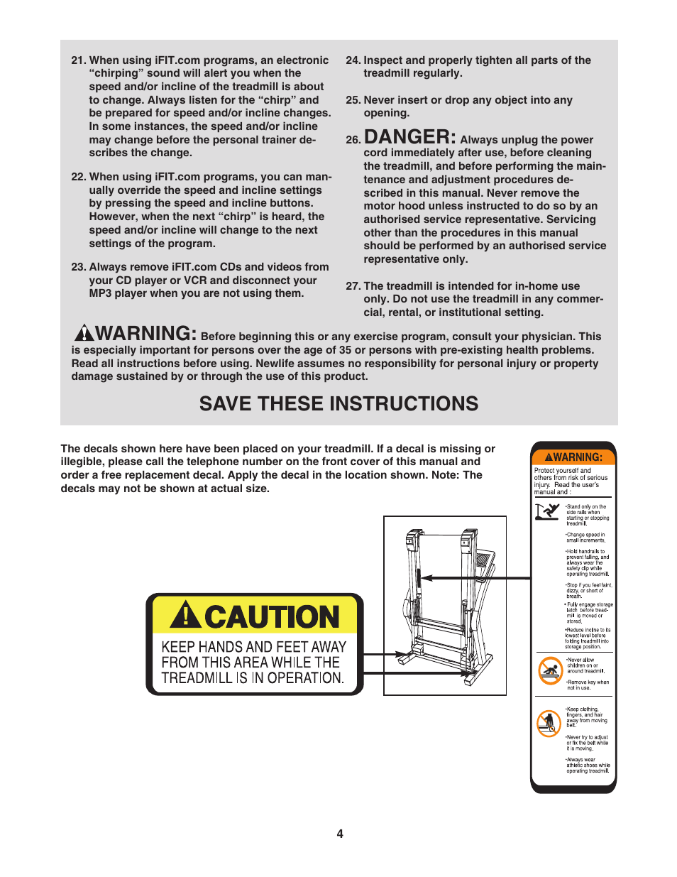 Danger, Warning, Save these instructions | NordicTrack 1900i NATL82205.0 User Manual | Page 4 / 38