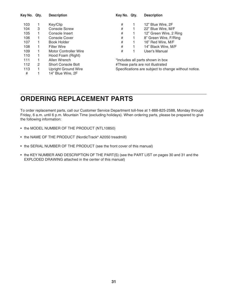 Ordering replacement parts | NordicTrack A2050 NTL10850 User Manual | Page 31 / 34