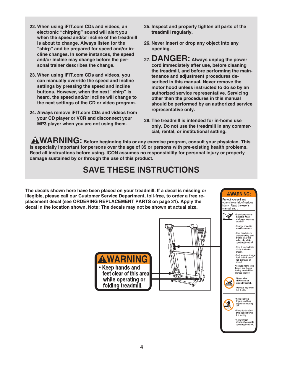 Danger, Warning, Save these instructions | NordicTrack A2050 NTL10850 User Manual | Page 4 / 34