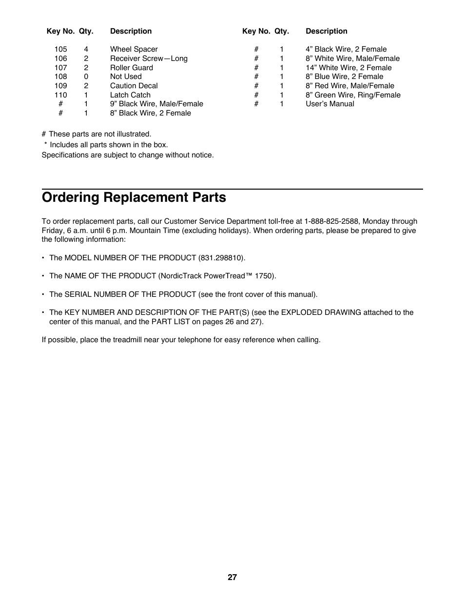 Ordering replacement parts | NordicTrack 831.298810 User Manual | Page 27 / 30