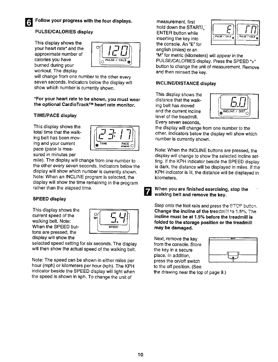 I follow your progress with the four displays, Pulse/calories display, Time/pace display | Speed display, Incline/distance display, Of r 1 1, Llli | NordicTrack 831.2988 User Manual | Page 10 / 26