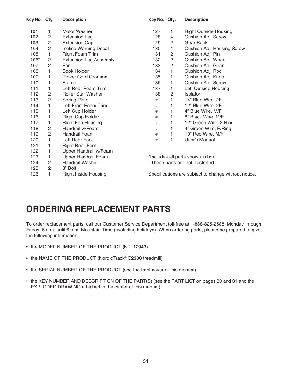 Ordering replacement parts | NordicTrack C 2300 NTL12943 User Manual | Page 31 / 34