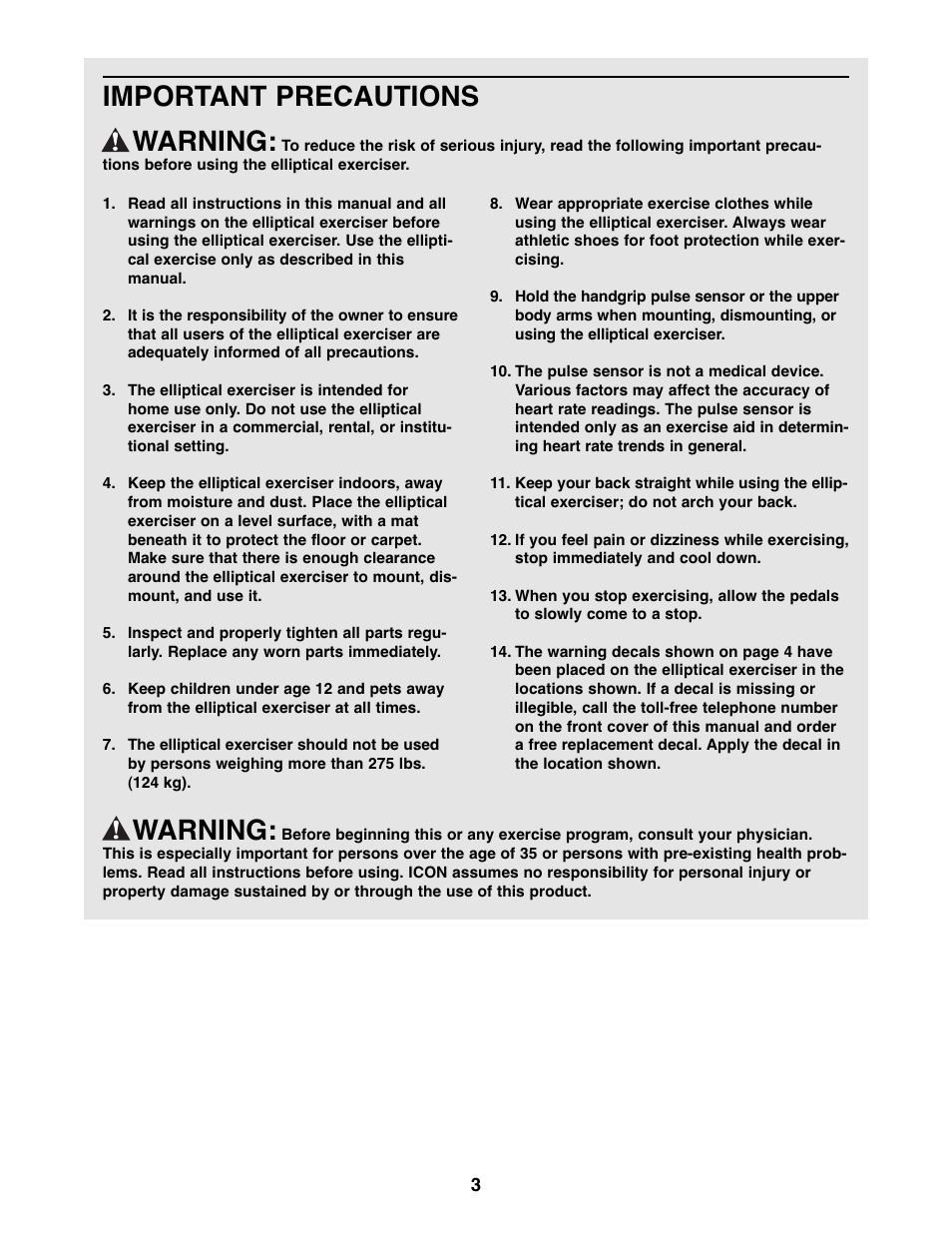 Important precautions warning, Warning | NordicTrack 831.23665.2 User Manual | Page 3 / 28