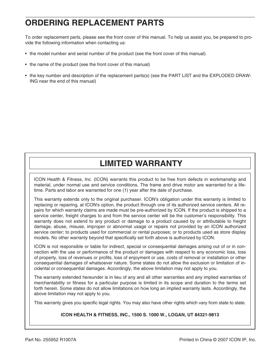 Ordering replacement parts, Limited warranty | NordicTrack NTL06907.1 User Manual | Page 36 / 36