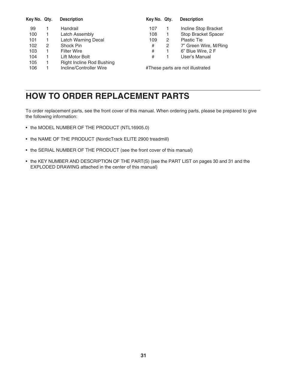 How to order replacement parts | NordicTrack ELITE NTL16905.0 User Manual | Page 31 / 34