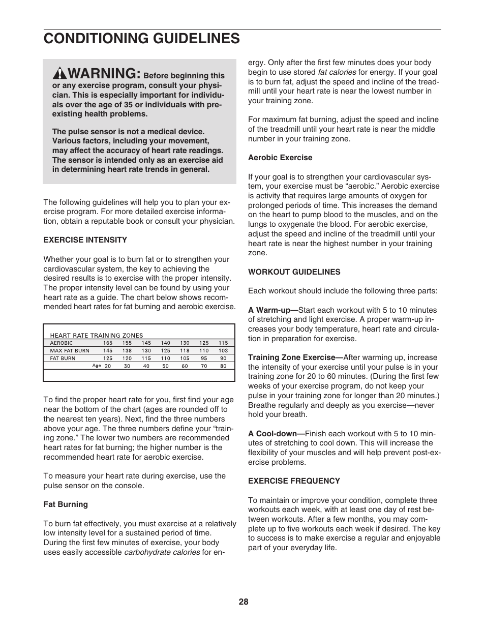 Conditioning guidelines, Warning | NordicTrack C2100 NTL1075.0 User Manual | Page 28 / 34