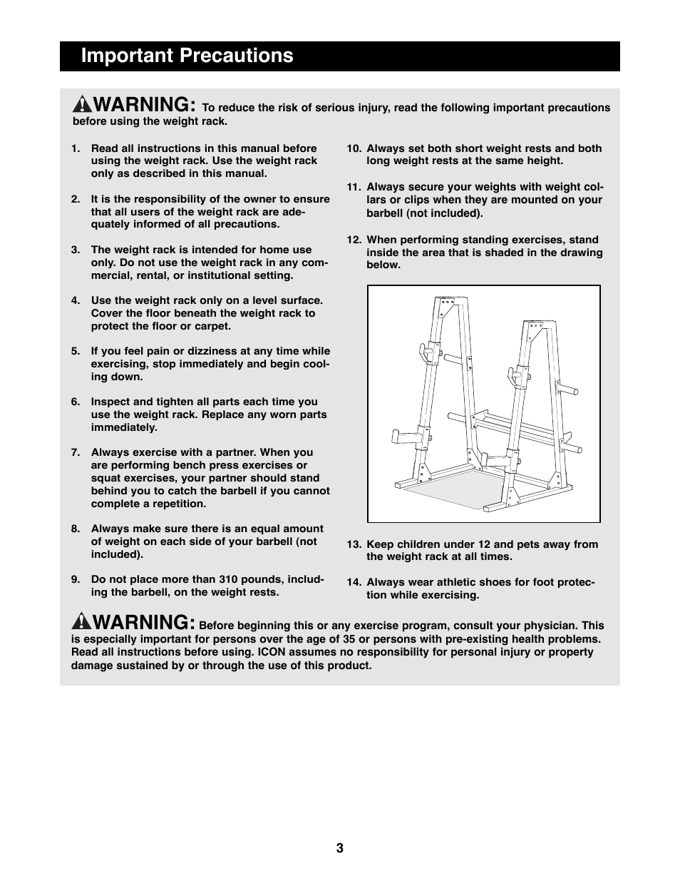 Important precautions warning, Warning | NordicTrack GRT360 User Manual | Page 3 / 12